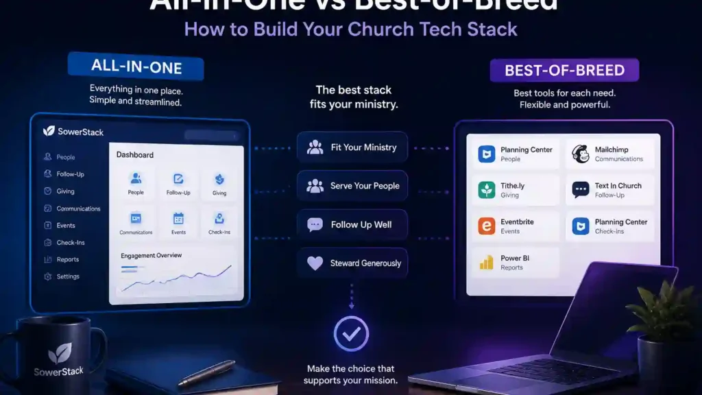 SowerStack featured image for All-in-One vs Best-of-Breed: How to Build Your Church Tech Stack