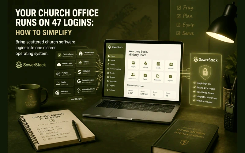 Brighter army-green SowerStack featured image for Your Church Office Runs on 47 Logins: How to Simplify.