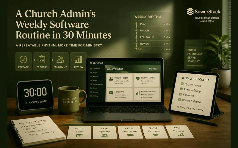 Brighter army-green SowerStack featured image for A Church Admin’s Weekly Software Routine in 30 Minutes.