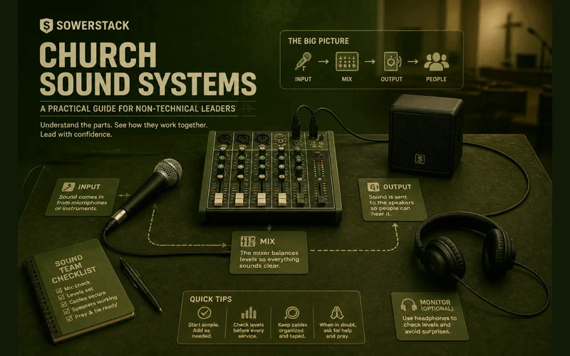 Brighter army-green SowerStack featured image for Church Sound Systems: A Practical Guide for Non-Technical Leaders.