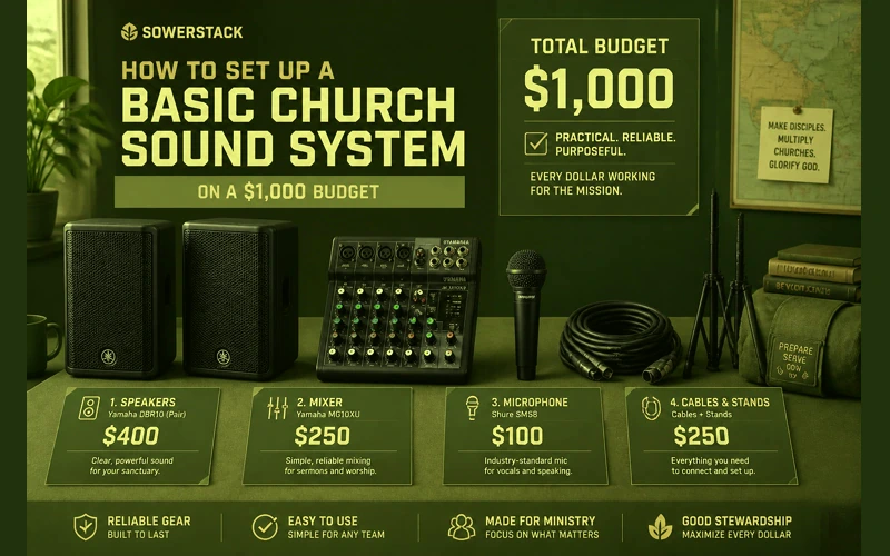 Green and olive SowerStack featured image for How to set up a basic church sound system on a $1,000 budget.