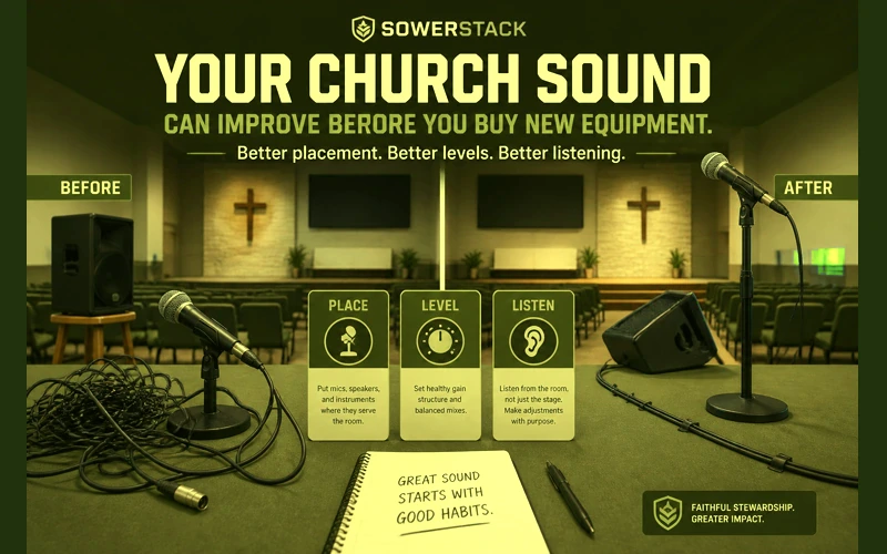 Green and olive SowerStack featured image for Your church sound can improve before you buy new equipment.