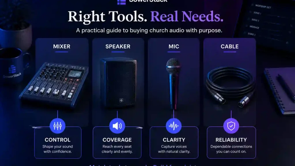 SowerStack featured image for Church audio buying guide for mixers, speakers, mics, and practical needs