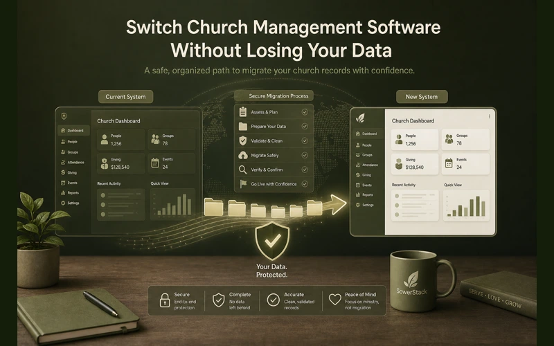 Church management software migration image in SowerStack muted army-green style