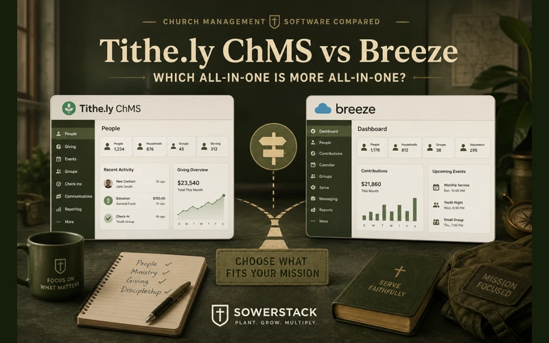 Tithe.ly ChMS vs Breeze comparison image in SowerStack muted army-green style