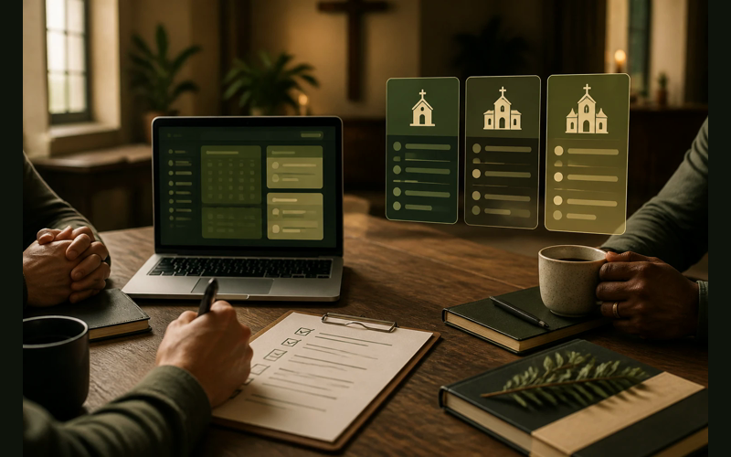 SowerStack editorial green featured image for How to Evaluate Church Management Software for Your Size Church