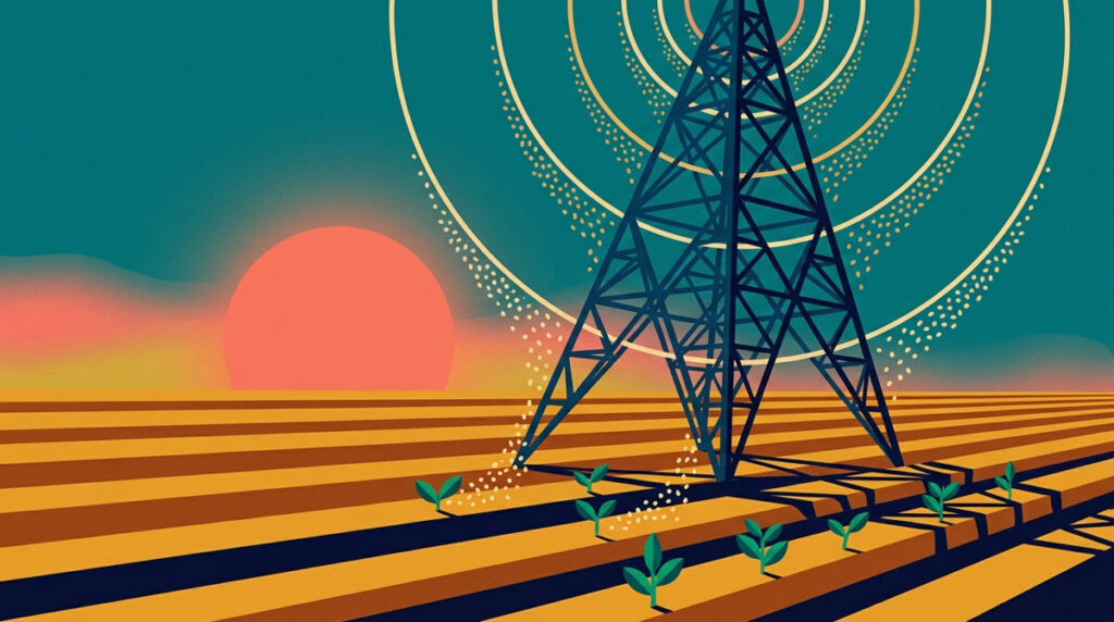 Flat editorial illustration of a navy broadcast tower whose signal rings are arcs of seeds falling onto plowed furrows at sunrise