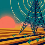 Flat editorial illustration of a navy broadcast tower whose signal rings are arcs of seeds falling onto plowed furrows at sunrise