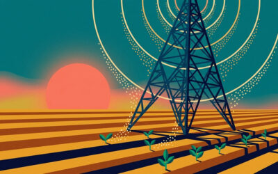 Flat editorial illustration of a navy broadcast tower whose signal rings are arcs of seeds falling onto plowed furrows at sunrise